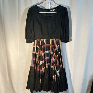Vintage FINE FEATHERS black multicolor plaid scoop neck circle dress 10